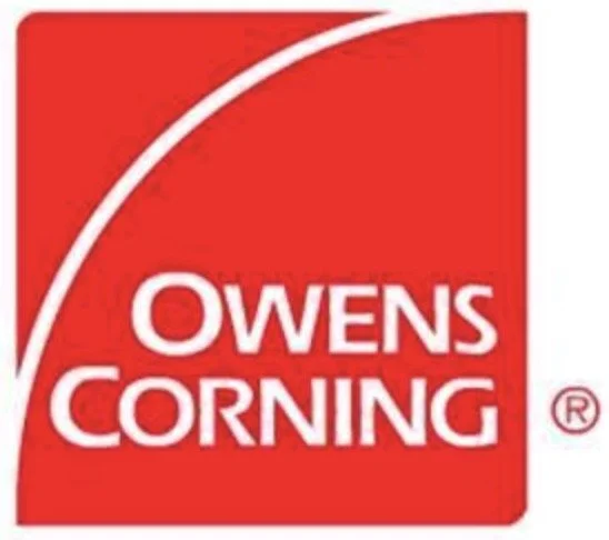 Red background with white curved line and text 'Owens Corning'