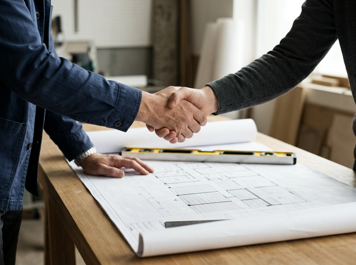 Two people shaking hands over architectural blueprints on a wooden table.