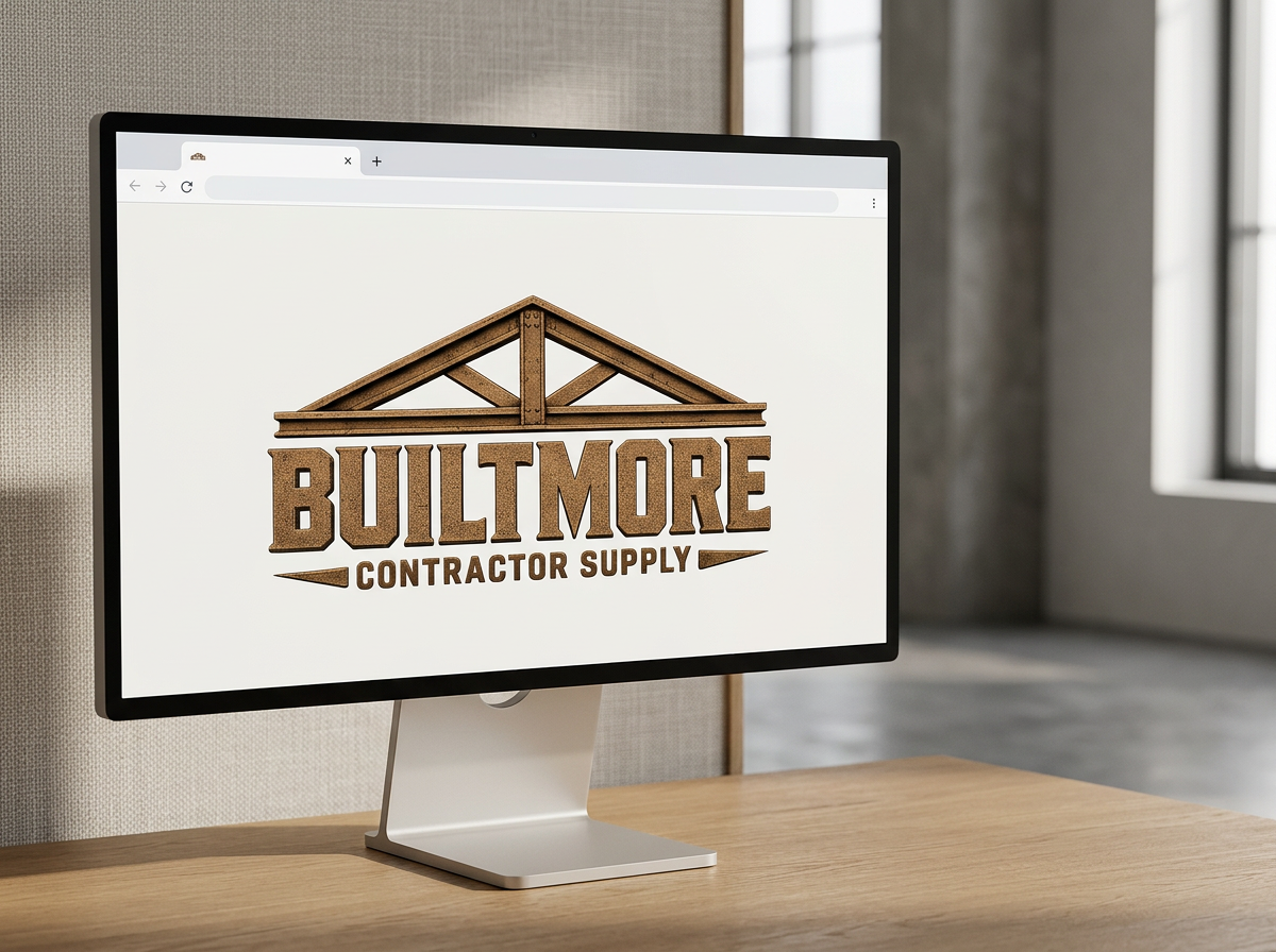 Computer monitor displaying a logo for 'Builtmore Contractor Supply' with a wooden roof truss above the text, on a desk in a modern office setting.