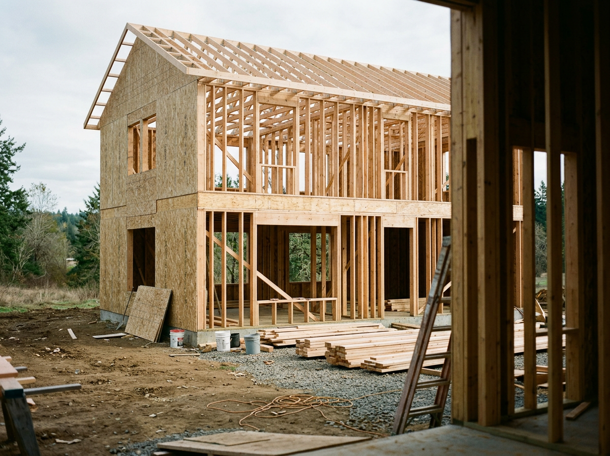 Wood framing of a house under construction with visible roof and walls, construction materials, and a ladder on site.