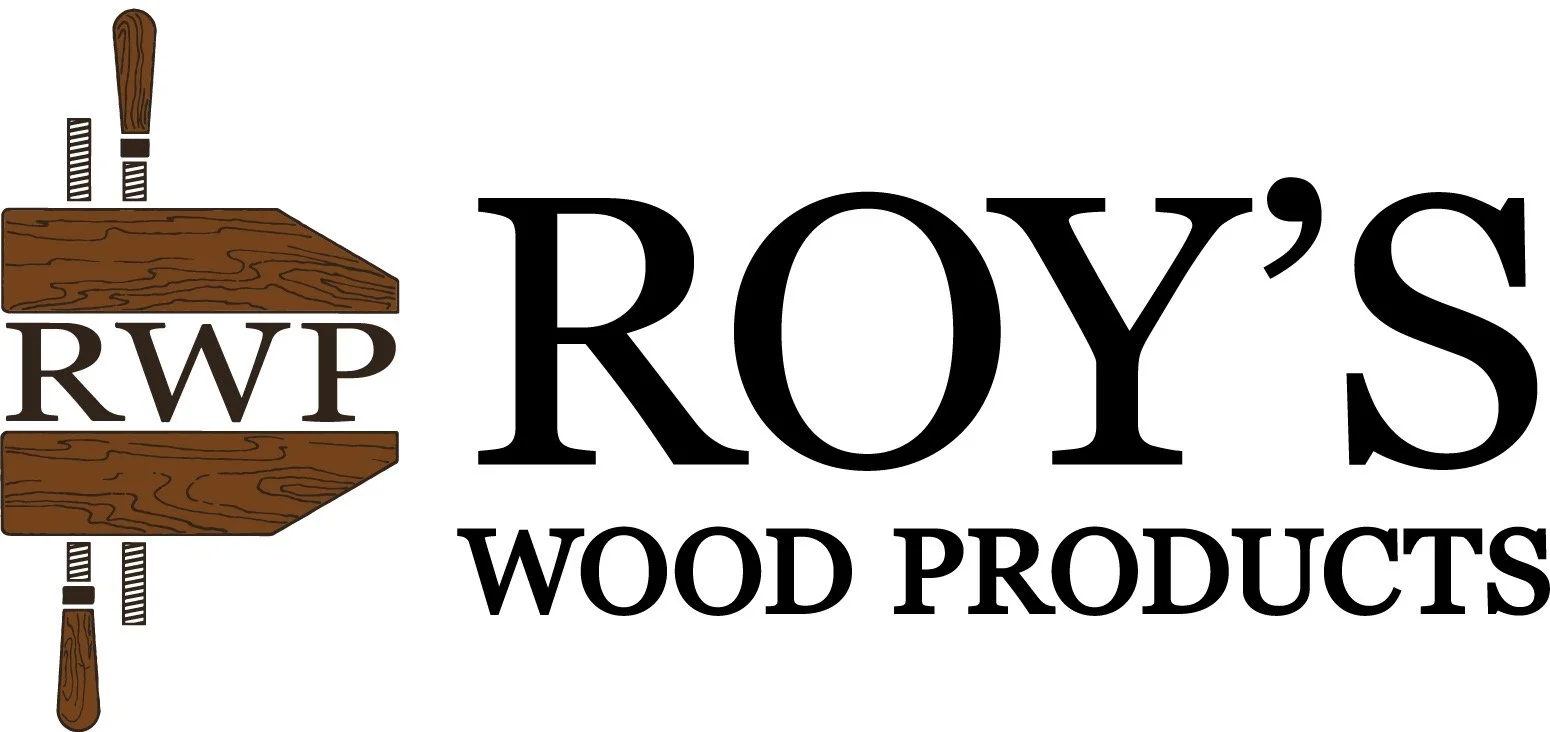 Logo for Roy's Wood Products featuring a woodworking clamp and the text 'RWP Roy's Wood Products'.