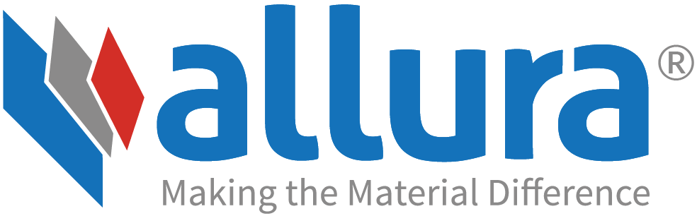 Allura logo featuring a stylized graphic with a blue arrow, a gray diamond, a red diamond, and the word "Allura" in blue, with the tagline "Making the Material Difference" below.
