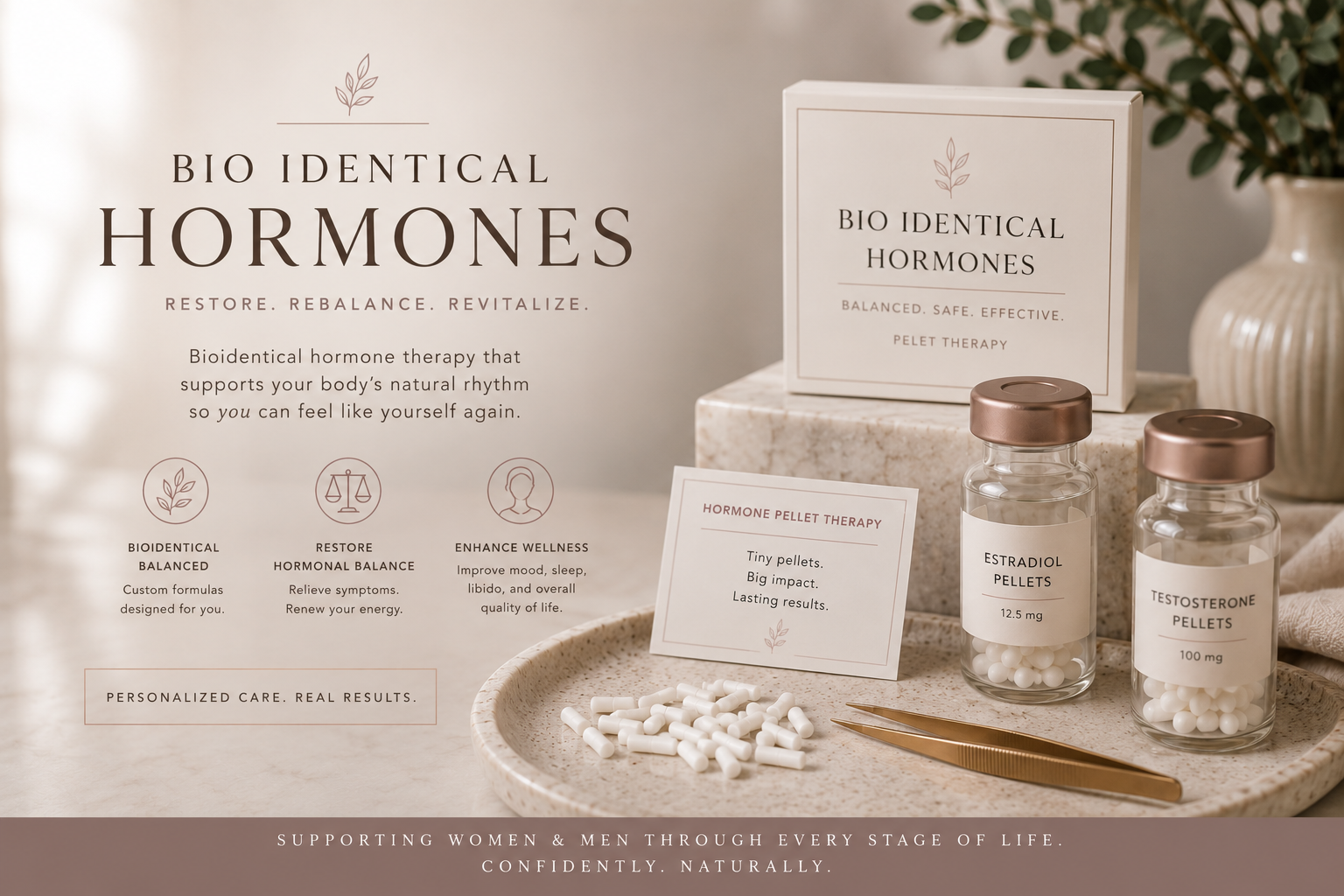 Display of bioidentical hormone therapy products including bottles of estradiol and testosterone pellets, informational signage, and a pair of gold tweezers, on a beige countertop with a plant in the background.