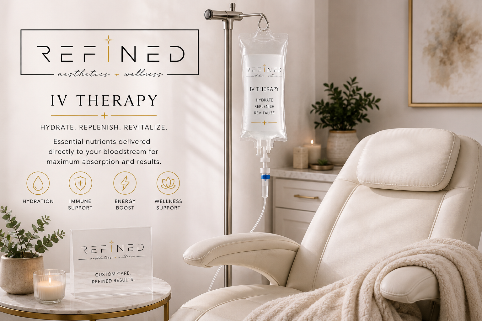 A luxurious spa treatment room with an IV therapy station. There is a beige recliner chair, a side table with a potted plant, a lit candle, and informational signs about IV therapy focused on hydration, immune support, energy boost, and wellness support. A curtain-like backdrop displays the logo and details of the therapy service, emphasizing hydration, replenishment, and revitalization.