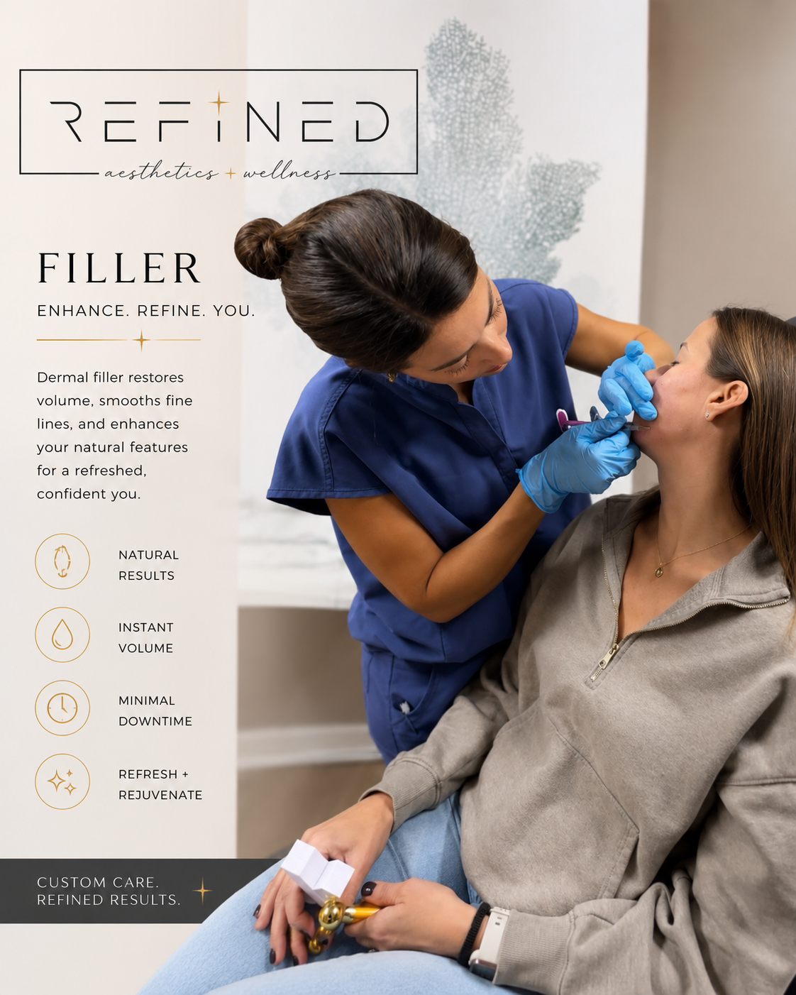 A woman receiving a cosmetic injection in her face from a healthcare professional wearing blue scrubs and gloves, during a skincare treatment at a wellness clinic.