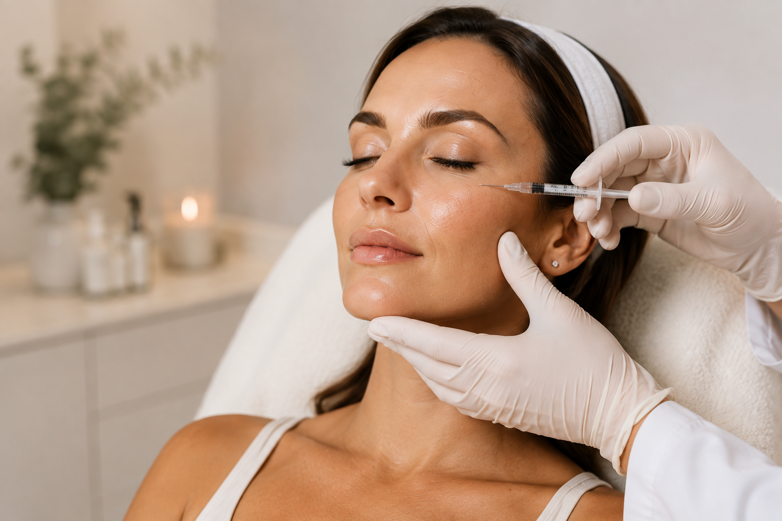 A woman receiving a cosmetic injection during a facial treatment, lying on a treatment bed with her eyes closed, while a medical professional wearing gloves administers the injection in her cheek.