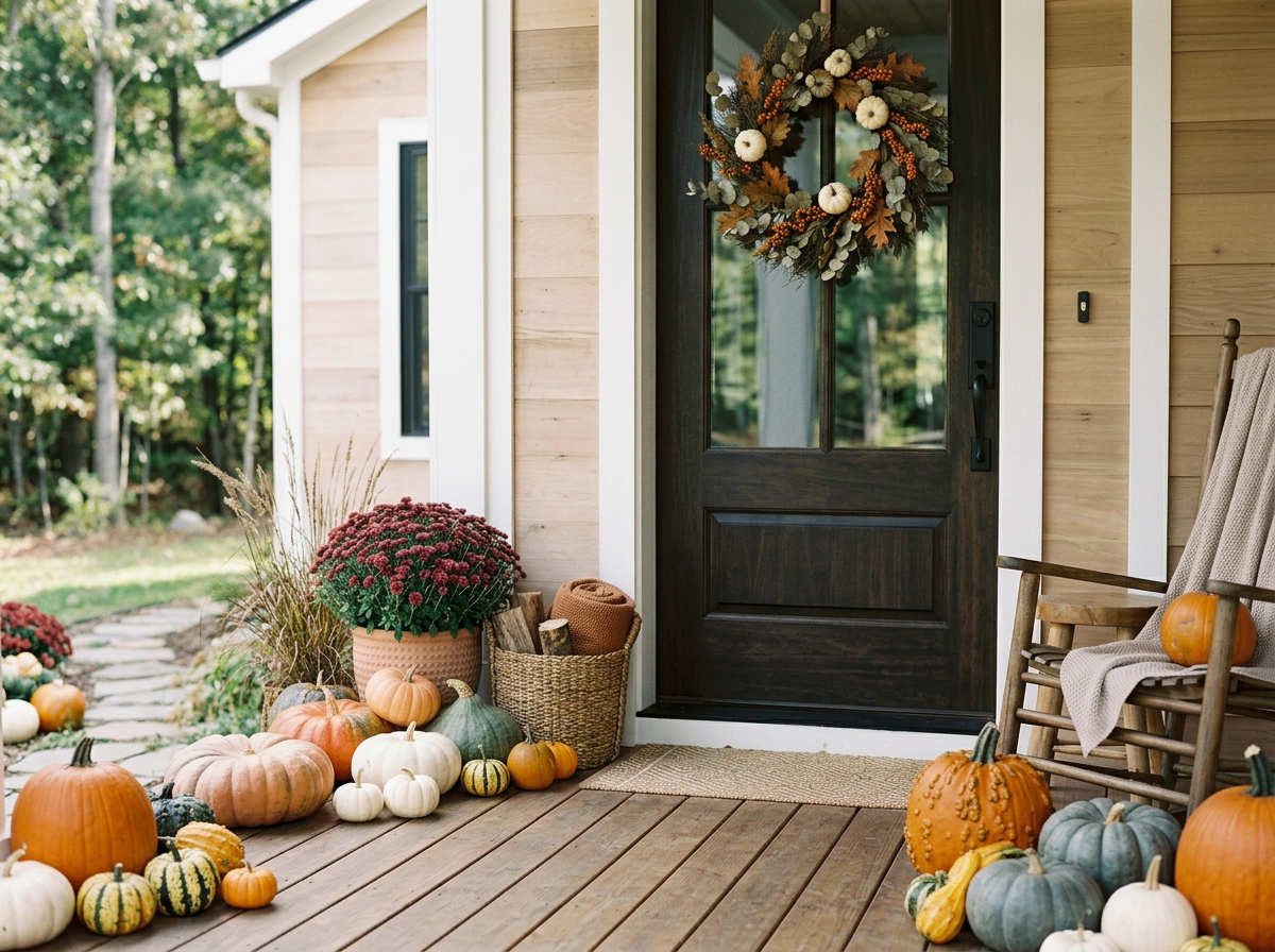 Fall pumpkin and gourd decorations on a porch with a black door and wreath, a rocking chair with a small pumpkin, and a potted plant with chrysanthemums.