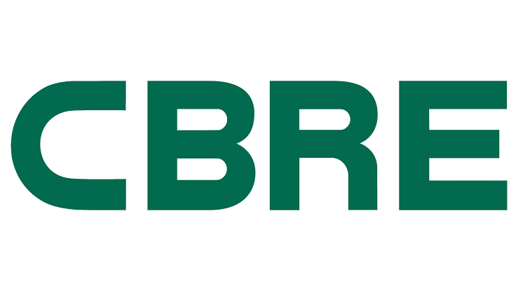 Logo with the letters 'CBRE' in large green font on a white background.