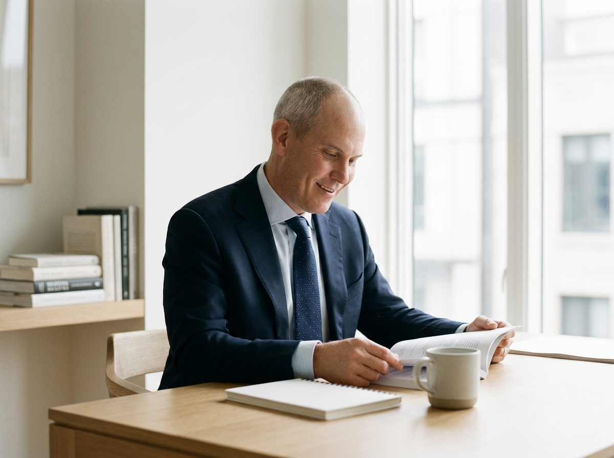 A man in a navy suit and tie sitting at a light wood desk, reading a book and smiling, with a coffee mug on the desk and a window with city buildings in the background.