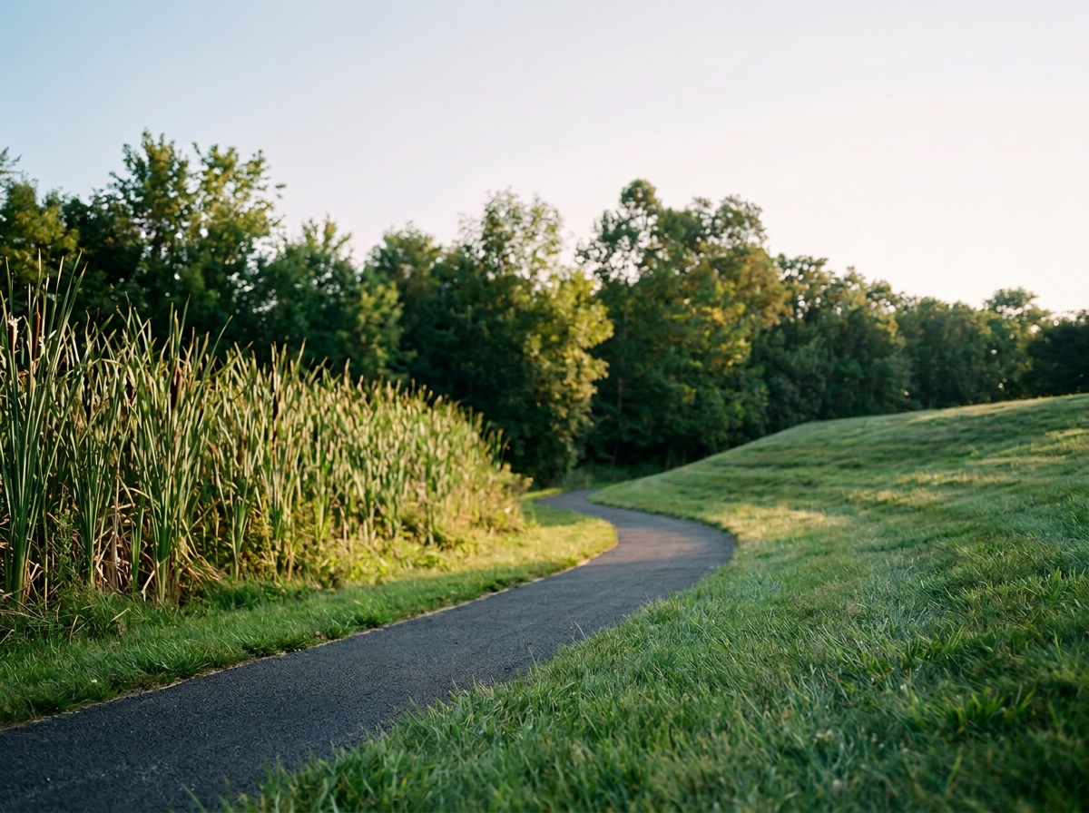 A winding paved path runs through a grassy park area beside a tall cornfield, with trees in the background and the sky overhead.