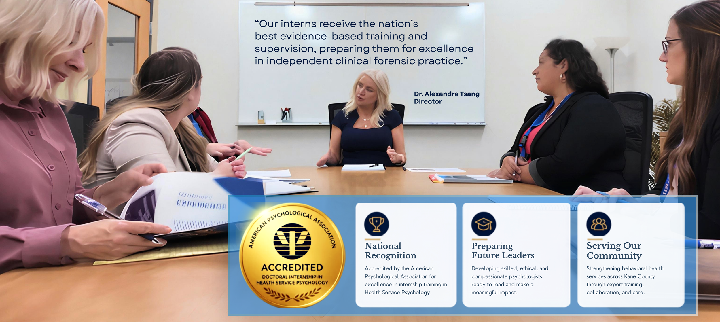 Meeting room with five women sitting around a table, one woman speaking in front of a whiteboard, and a banner with the American Psychological Association accreditation logo and text about their programs.