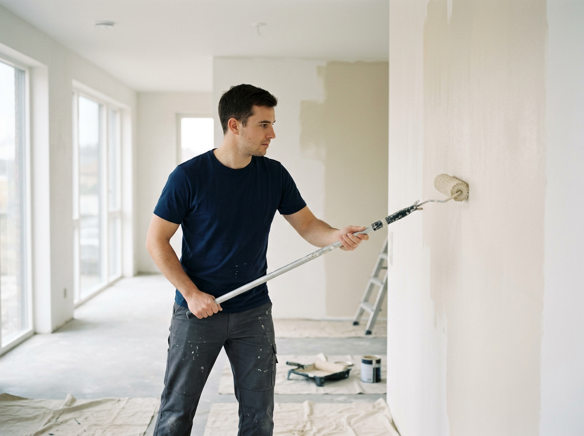 Man painting a wall with a roller in a bright room under sunlight.
