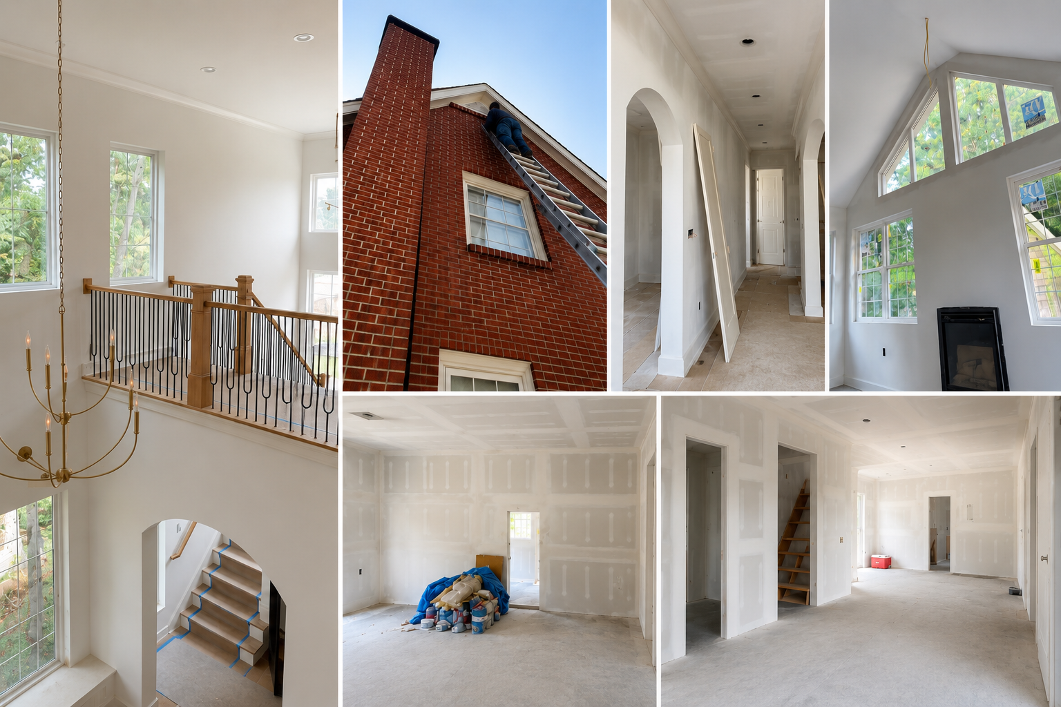 A collage of images showing the interior and exterior of a house under construction. The interior images depict rooms with drywall, windows, and stairs, some still unfinished. The exterior image shows a brick wall of the house with someone working on the roof with a ladder.