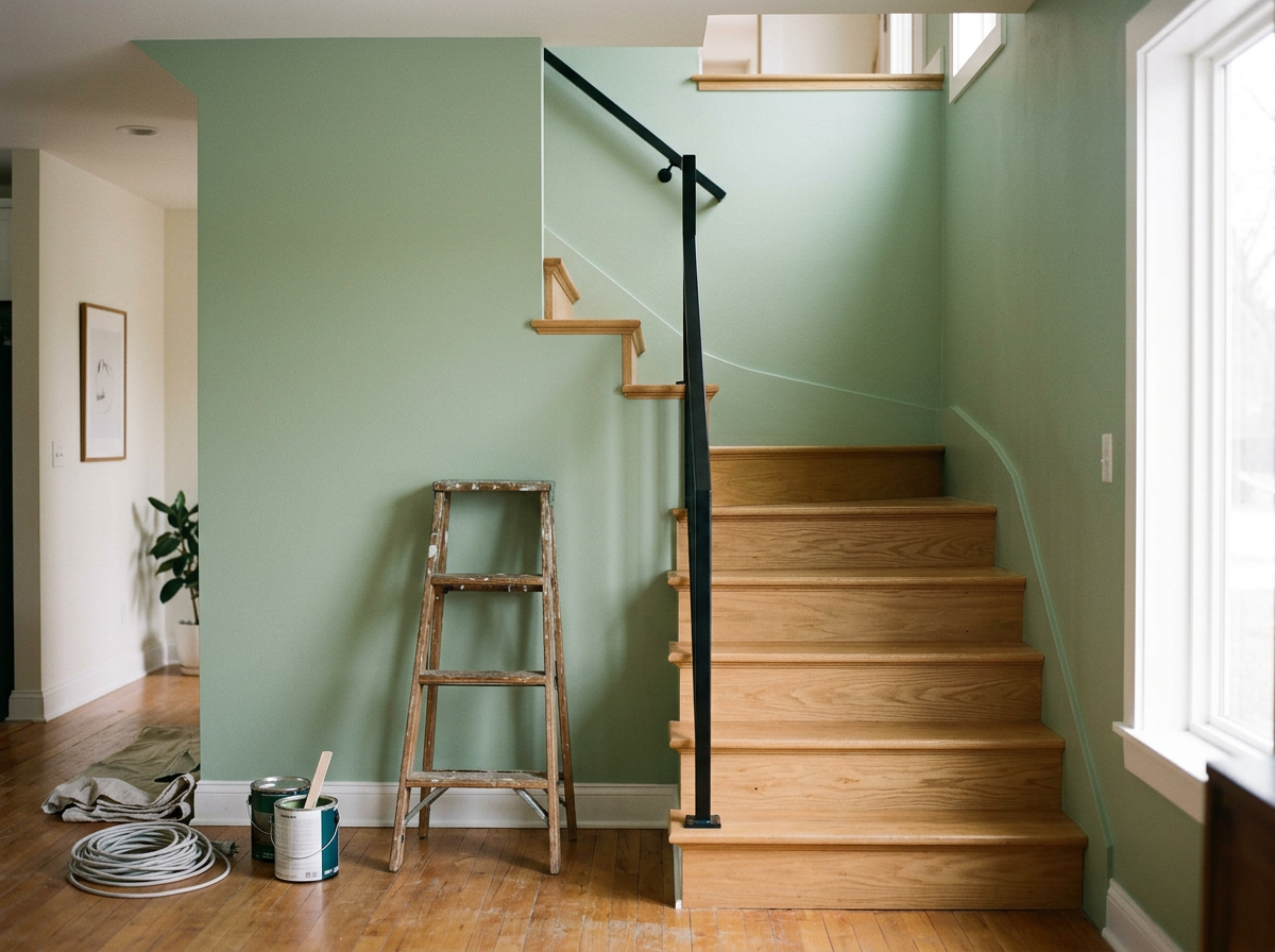 Interior of a home under renovation with a wooden staircase, a green wall, a paint ladder, painting supplies, and a ring of extension cords on the floor.