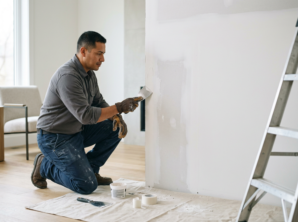 A man kneeling on a cloth, using a putty knife to apply joint compound to a drywall wall in a home renovation.