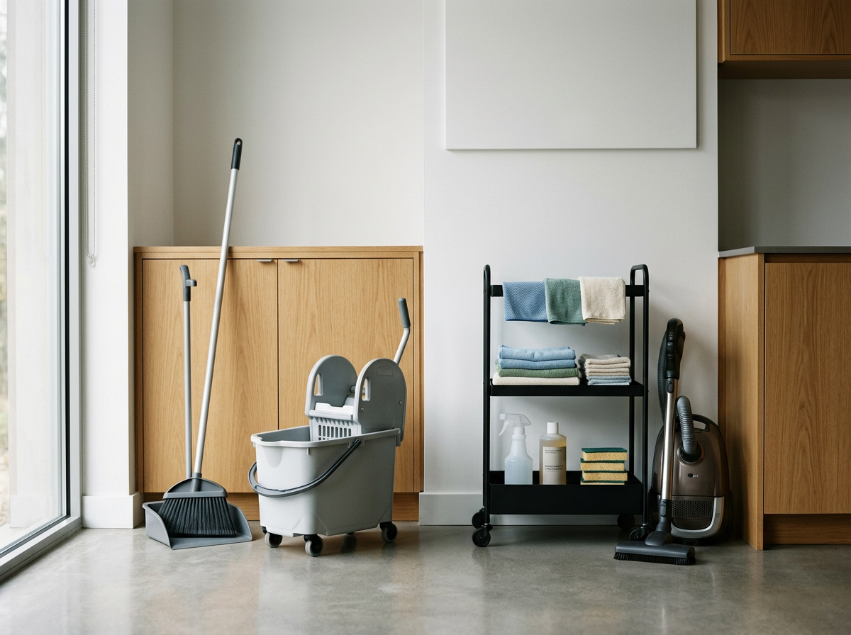 Cleaning supplies and equipment including a mop, bucket, vacuum cleaner, and a cart with towels and cleaning bottles in a corner of a room.