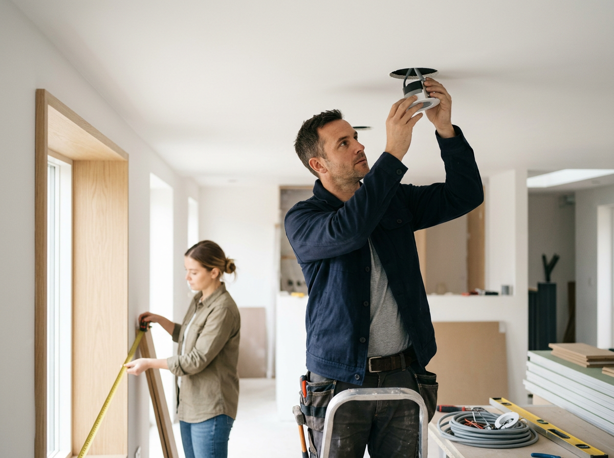 A man installing a ceiling light fixture while a woman measures a wall with a tape measure in a house under construction.