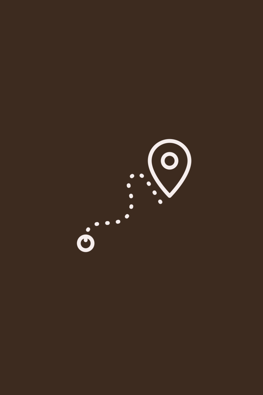 White dotted route leading from a small location marker to a large map pin on a dark brown background