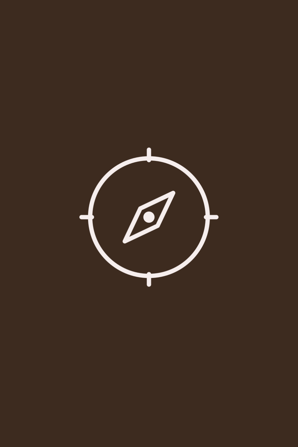 White compass icon centered on a dark brown background