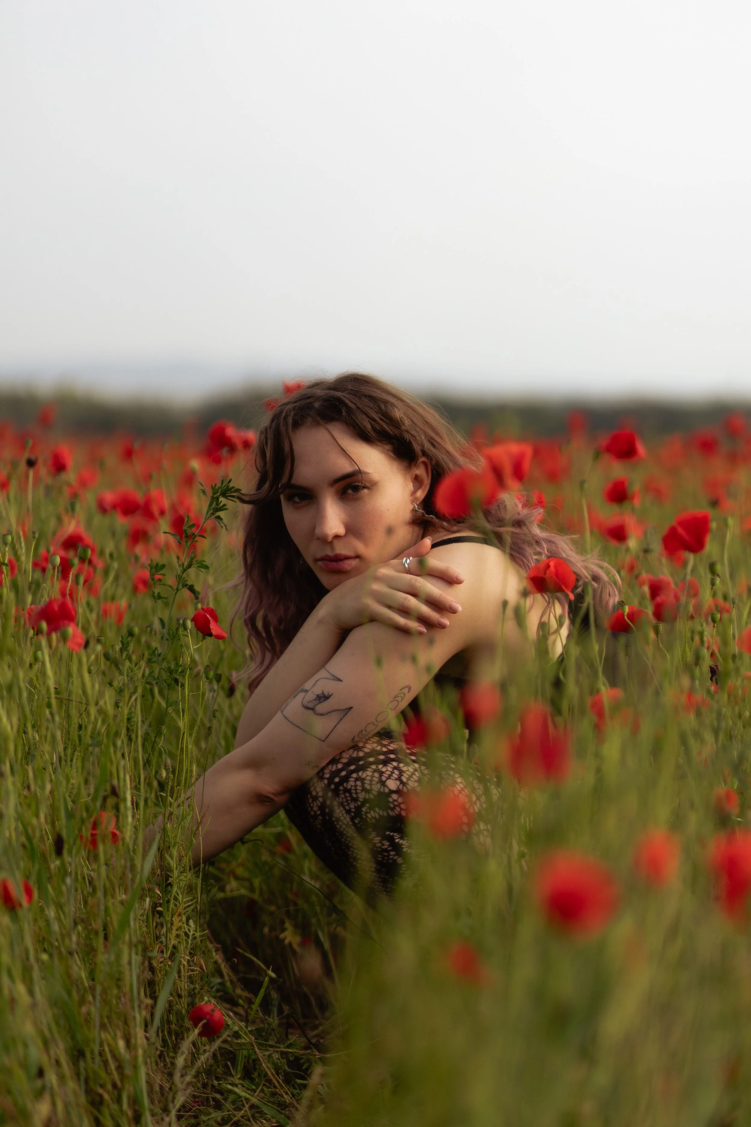 Junge Frau mit Tattoos sitzt in einem Feld voller roter Mohnblumen, blickt ernst in die Kamera, bei Sonnenuntergang.