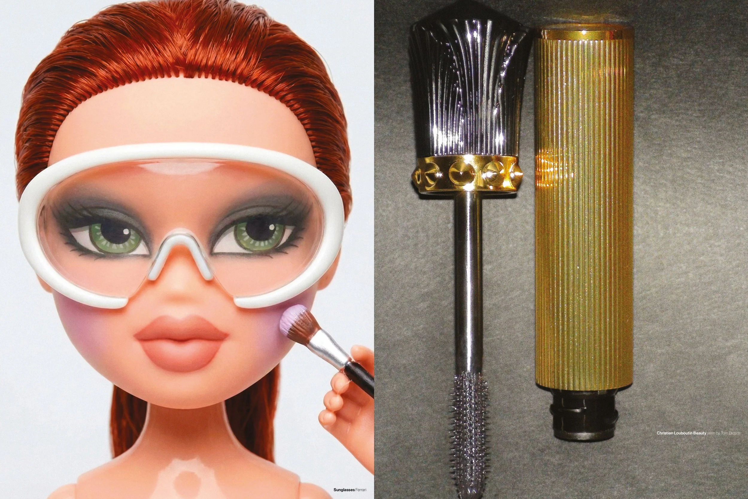 A doll with green eyes and red hair wearing sunglasses and applying makeup with a brush, and two makeup applicators or tools, one metallic and one golden, lying on a surface.