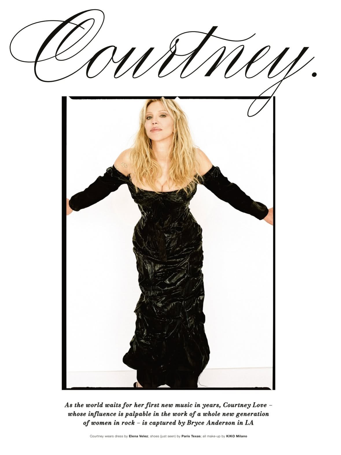Magazine cover featuring Courtney Love in a black dress, with text titled "Courtney" and a brief description about her upcoming music release and impact on women in rock.
