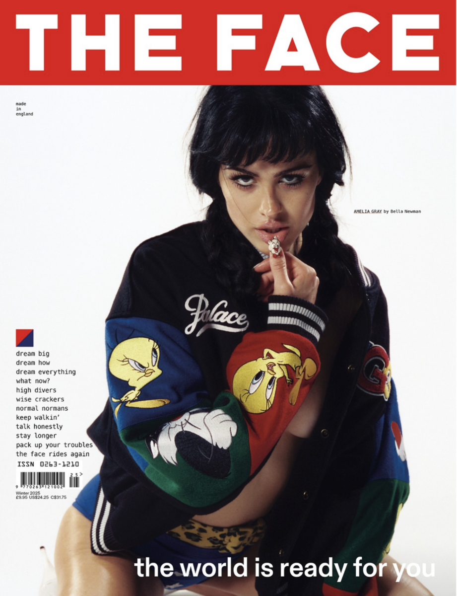 Cover of The Face magazine featuring a woman with dark hair, wearing a varsity jacket with cartoon characters on the sleeves, looking directly at the camera with a finger near her lips. The magazine title is in large red letters at the top, and there
