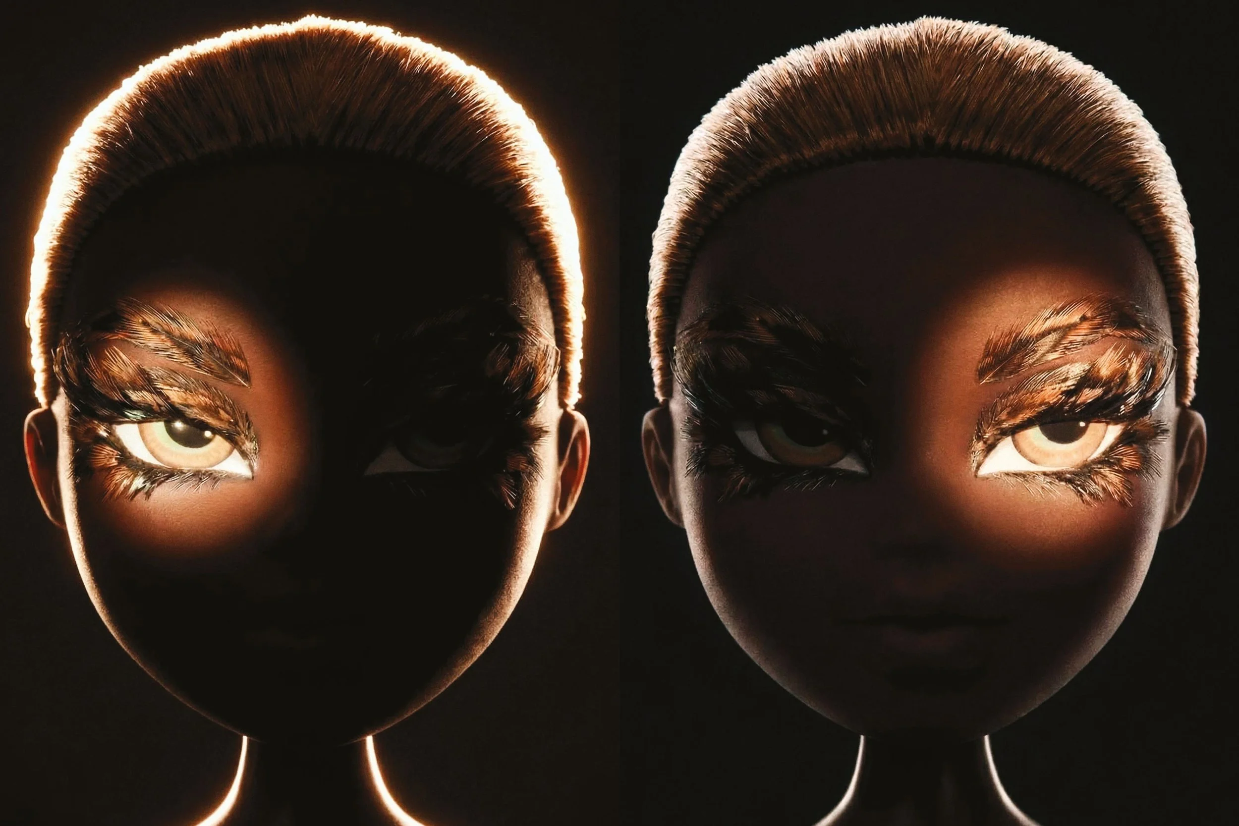 Two mannequin heads with golden feathered eye makeup and illuminated hair in a dark setting.