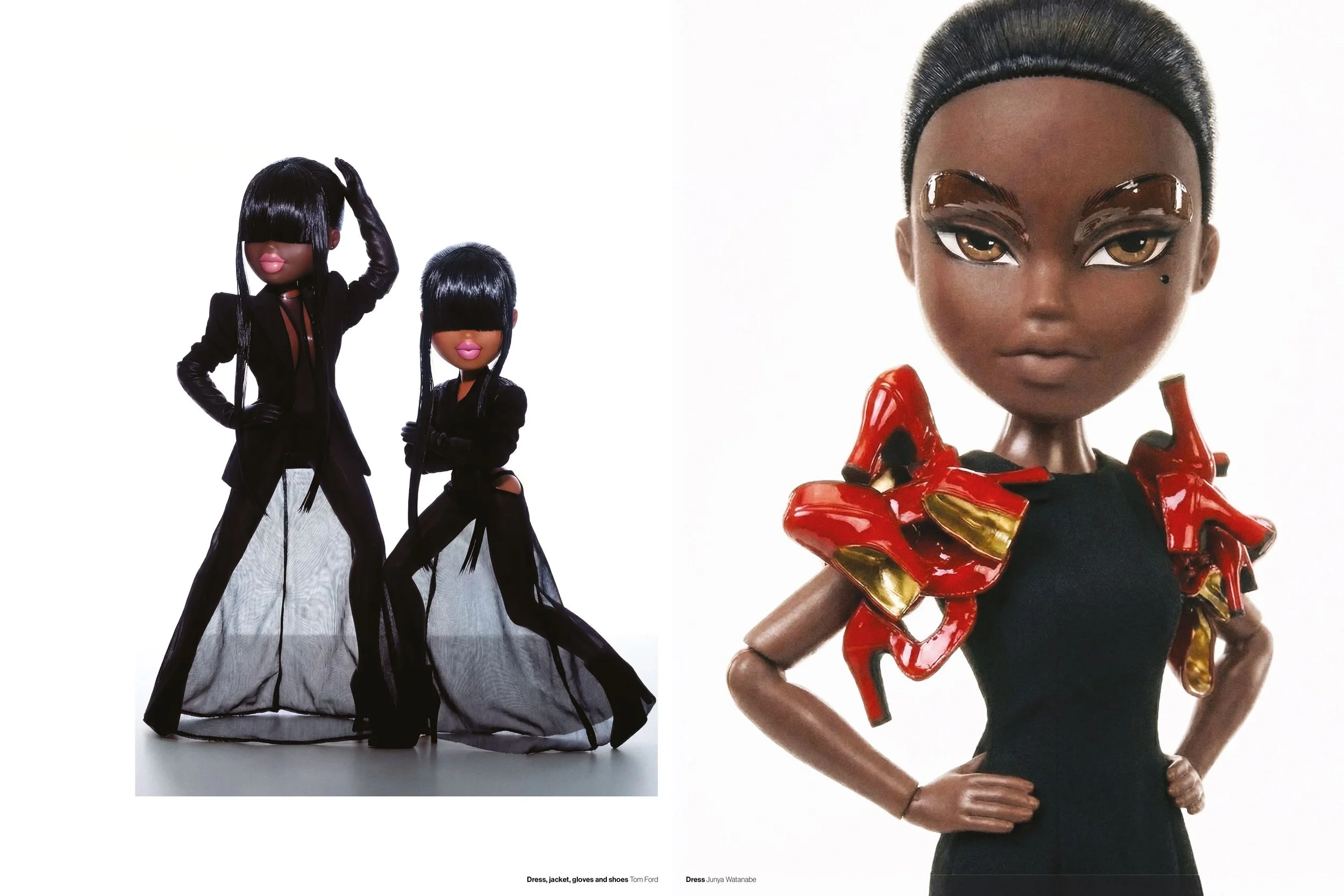 Two black dolls with long black hair, dressed in black outfits, posed confidently against a plain background, and a close-up of a third doll with a black dress and red and gold armor-like accessories on her shoulders.