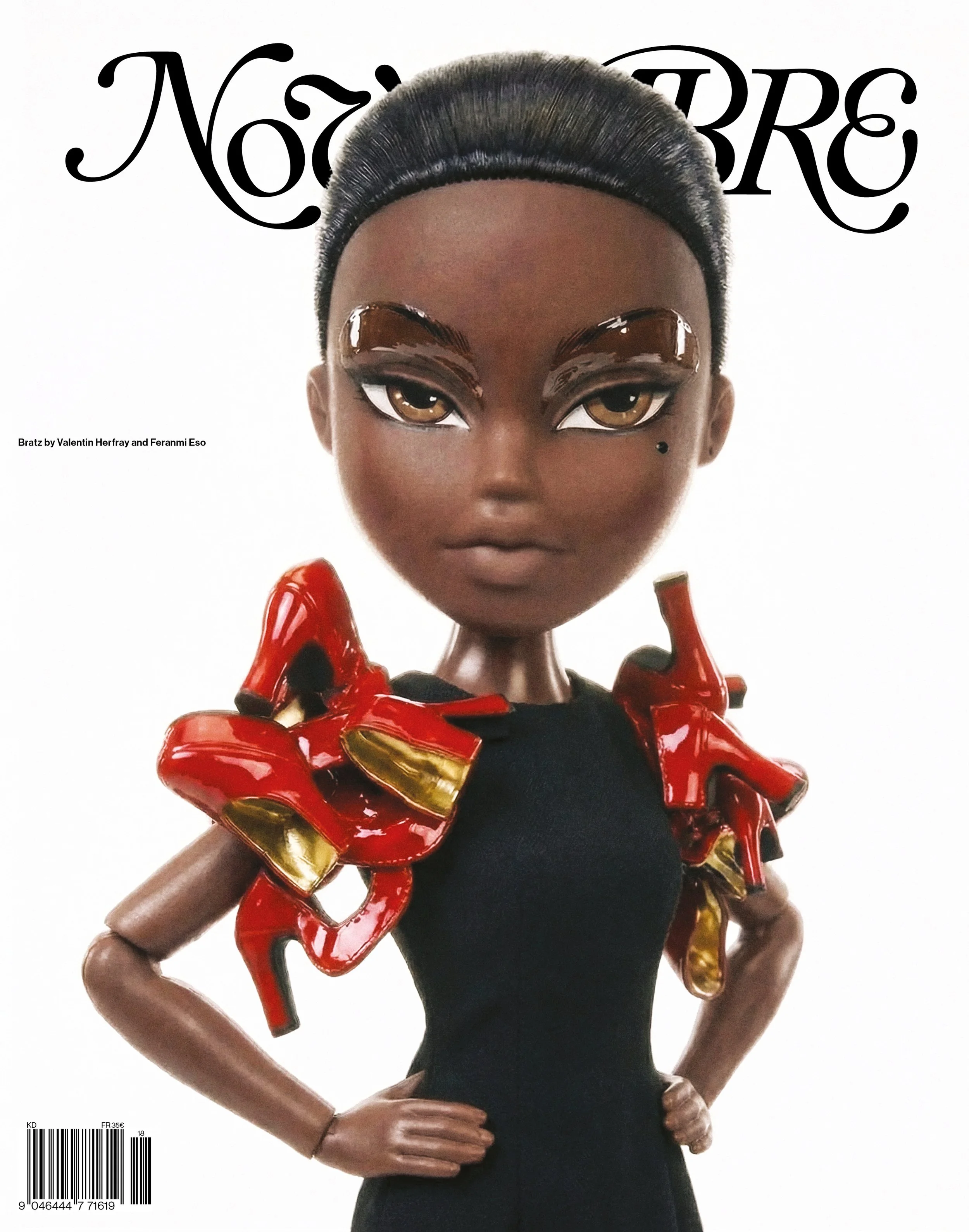 A fashion doll with dark skin, short gray hair, and bold makeup, wearing a black top and a red and gold ruffled jacket, standing against a white background with large black text reading 'NOT LIKE ME'.