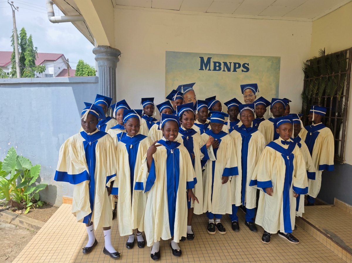A group of children in graduation gowns and caps posing for a photo in front of a school building with a sign that reads 'MBNPS'.