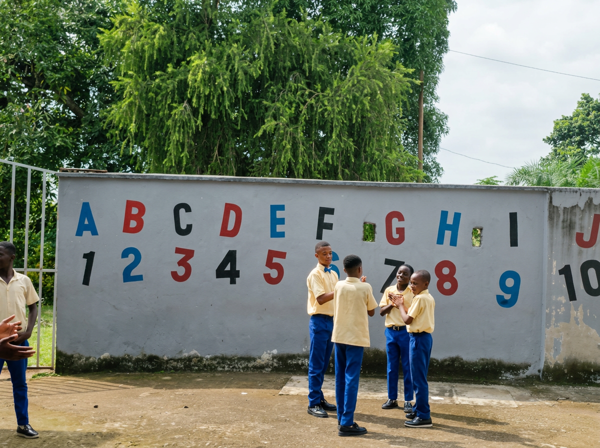 Four boys in yellow shirts and blue pants standing on a dirt ground in front of a white wall with colorful alphabet and numbers painted on it. One boy on the left is slightly apart from the group, while the other three are interacting, clapping hands, and talking.