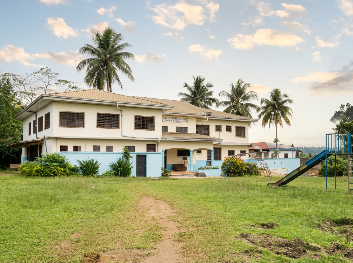 A school building with multiple floors surrounded by green grass and palm trees, with a children's playground slide on the right side.
