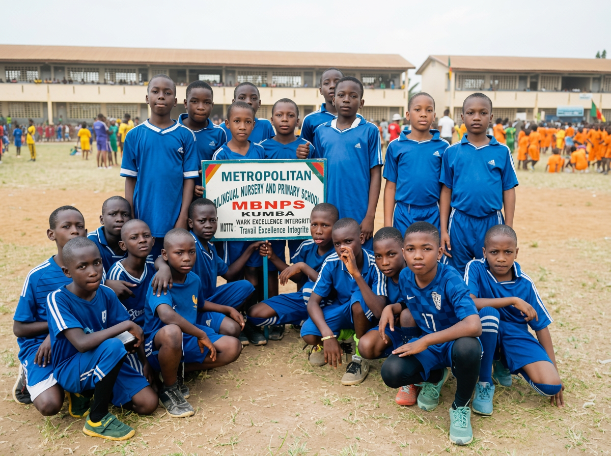 A group of young boys in blue sports uniforms posing on a field with a school building in the background. Some boys are standing, while others are crouching or sitting. They are holding a sign that reads "Metropolitan Bilingual Nursery and Primary School MBNPS KUMBA". Other children in colorful uniforms are visible in the background at the school.
