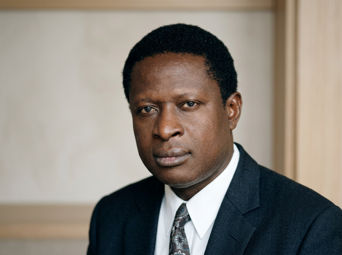 Close-up of a serious-looking man with dark skin, short black hair, wearing a dark suit, white shirt, and paisley tie, standing indoors in front of a beige wall.