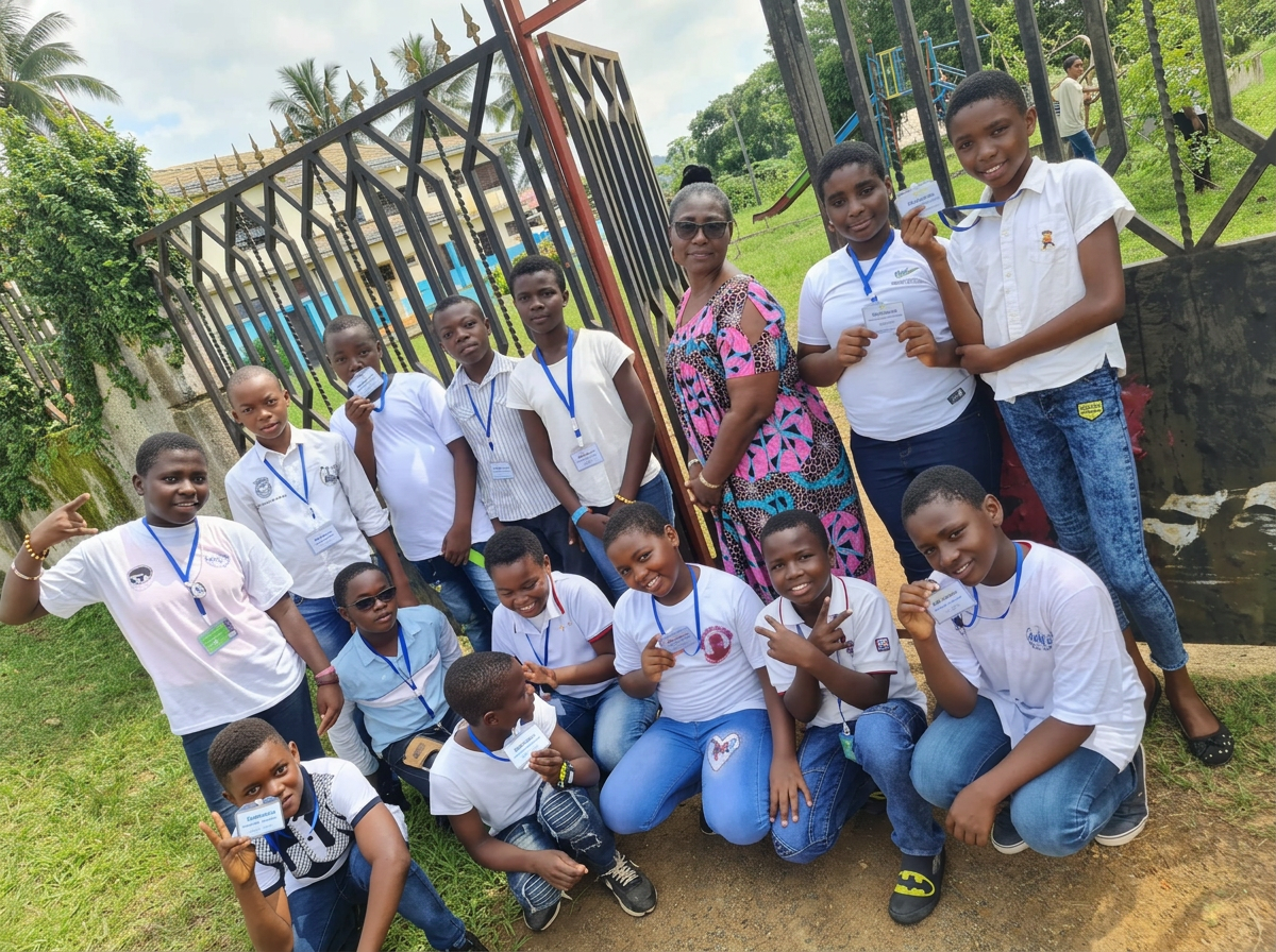 Group of children and a woman outdoors in a park or school yard, some holding medals or IDs, posing for a photo.