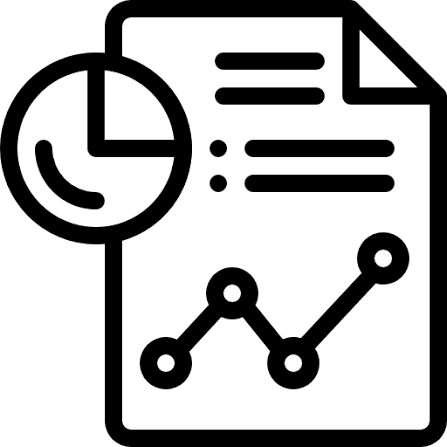 Icon of a document with a pie chart, text lines, and a line graph.