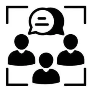 Icon of three people with a speech bubble above the middle person, indicating communication or discussion.
