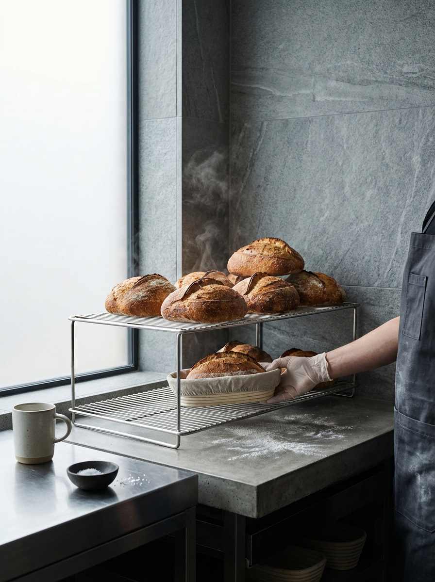 Bakes bread on a cooling rack and in a basket on a kitchen counter, with a mug and a small bowl nearby, in a modern kitchen with gray stone walls.