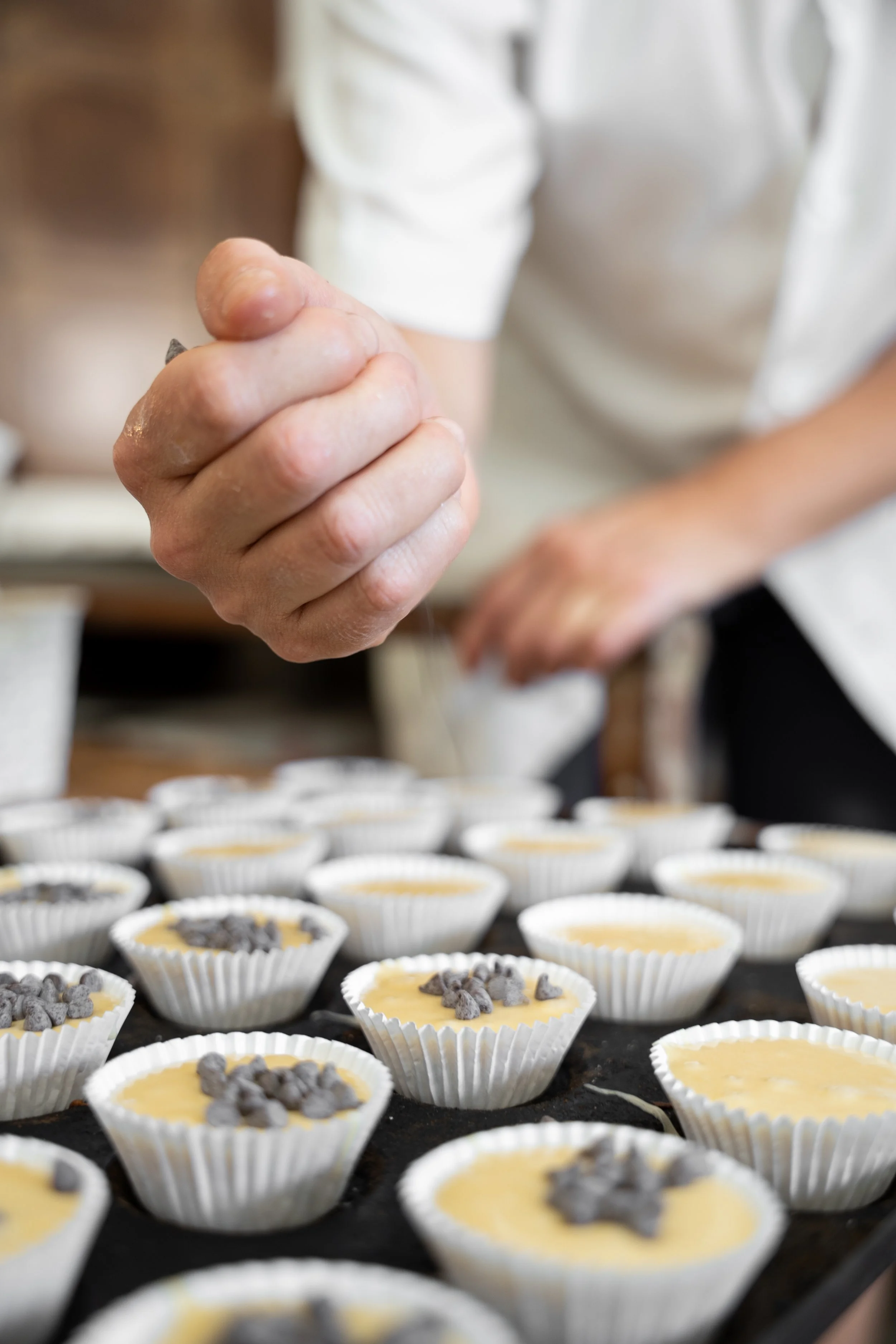 A person is preparing mini cheesecake cups with chocolate chips on top, arranged on a tray.