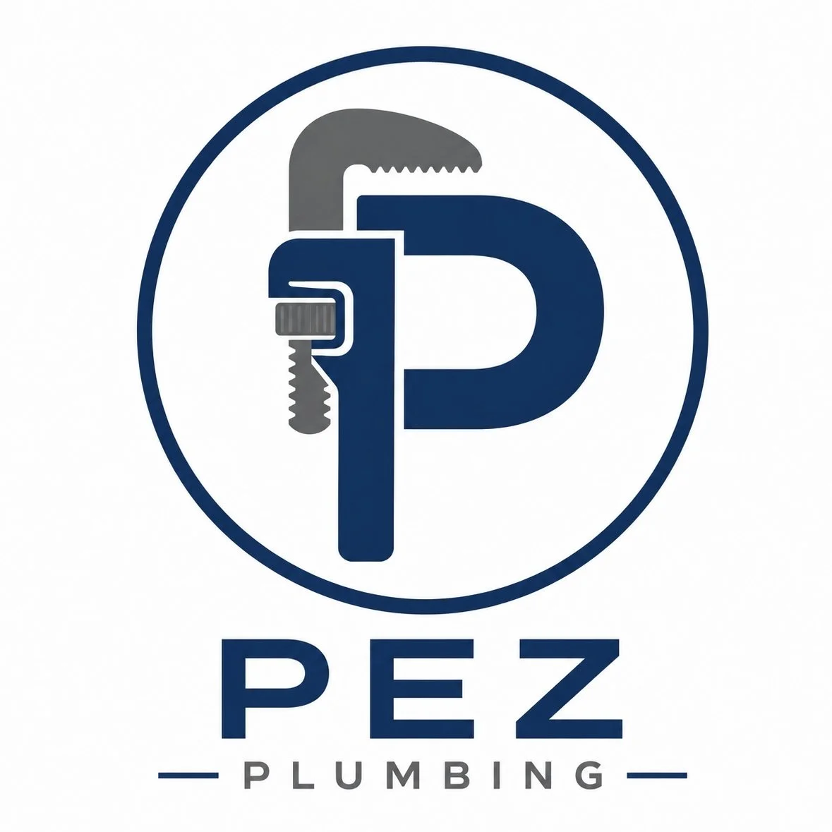 Logo for PEZ Plumbing featuring a letter P designed with plumbing pipe fittings and a clamp, with the word PEZ Plumbing beneath.