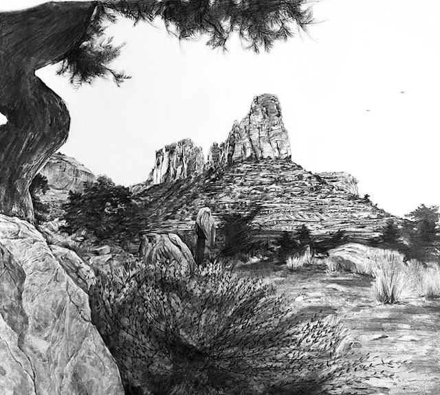 Black and white drawing of a rocky landscape with a mountain, trees, and bushes.