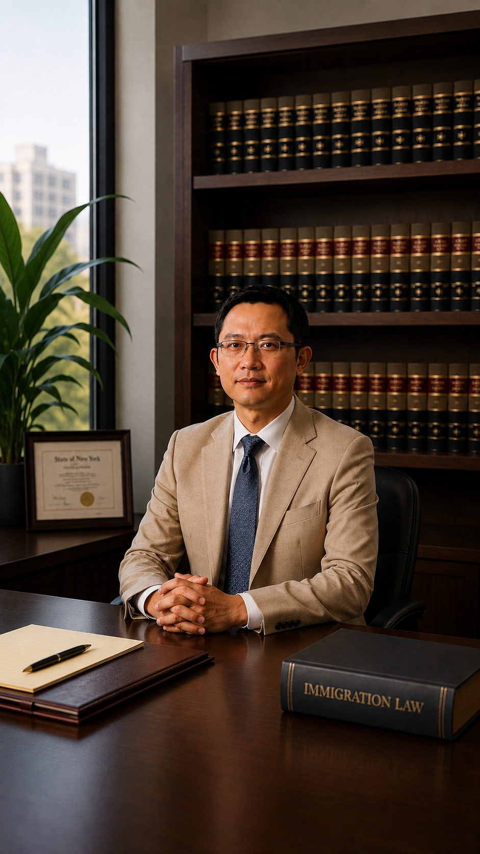 A man wearing glasses and a beige suit sitting at a wooden desk in an office with legal books and a framed certificate in the background, and a large window with an outdoor city view.