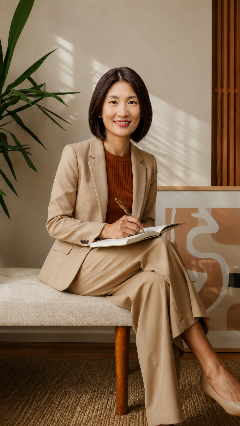 A woman in a beige suit sitting on a bench, smiling, with a notebook and pen in her hands, in a modern indoor setting with a plant and abstract decor.