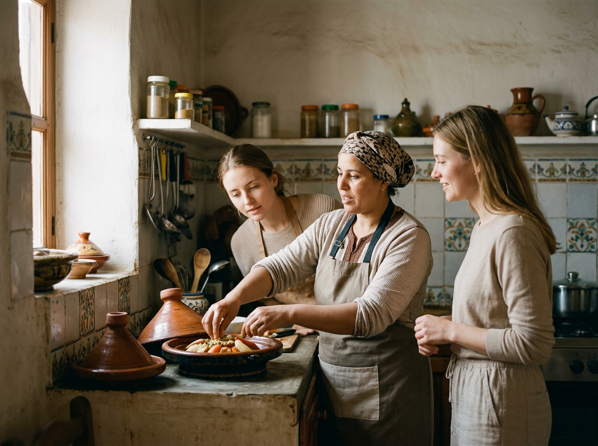 Une femme en cuisine avec deux jeunes filles, préparant un plat dans une cuisine rustique.