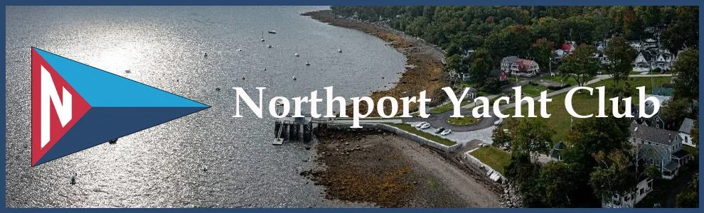 Aerial view of a coastal area with boats on the water, a pier, and houses with surrounding trees. Overlayed text reads 'Northport Yacht Club' next to a nautical logo with a red and blue sail.