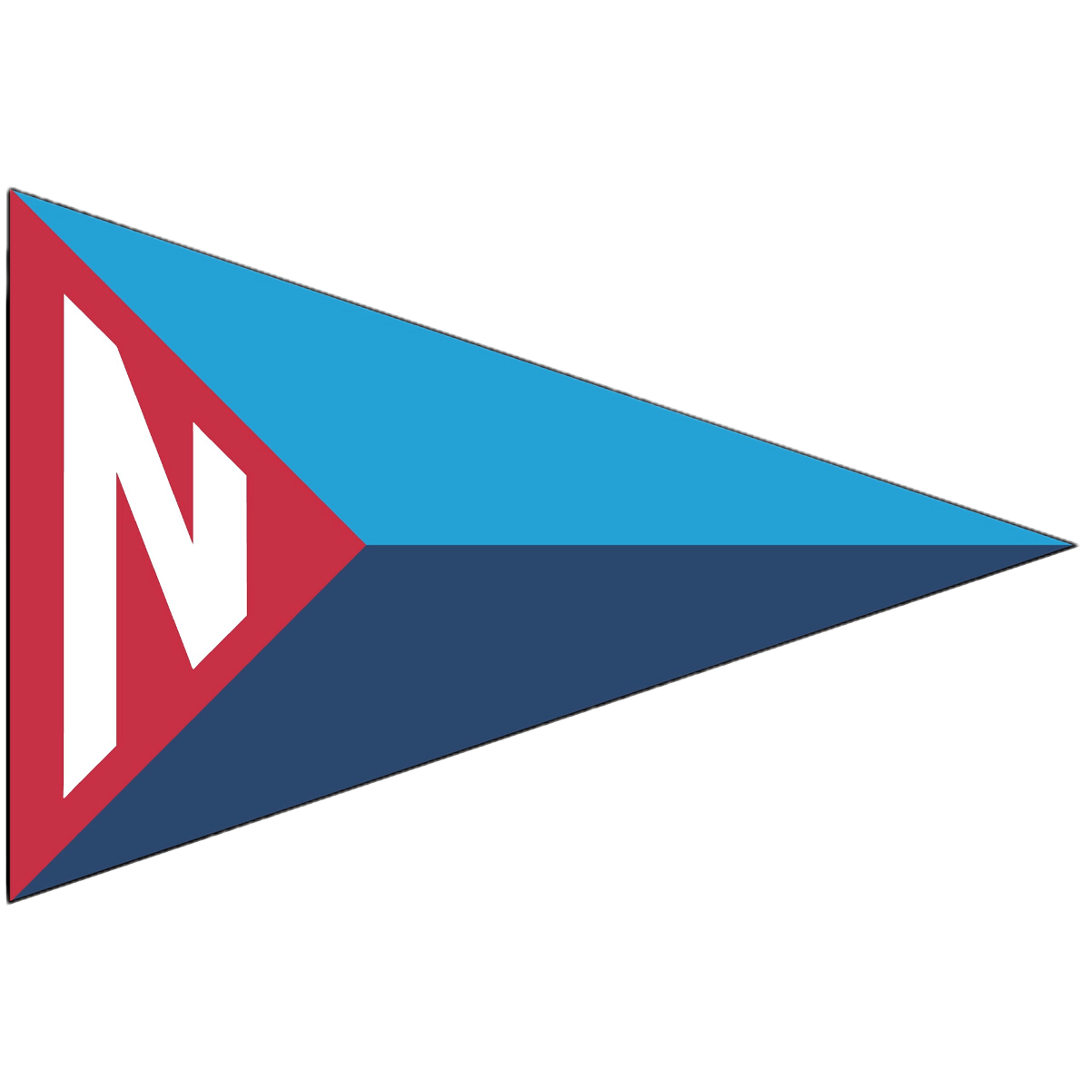 A stylized stylized triangular pennant flag with the Red N, Light Blue, Dark Blue design, resembling a nautical or racing pennant.