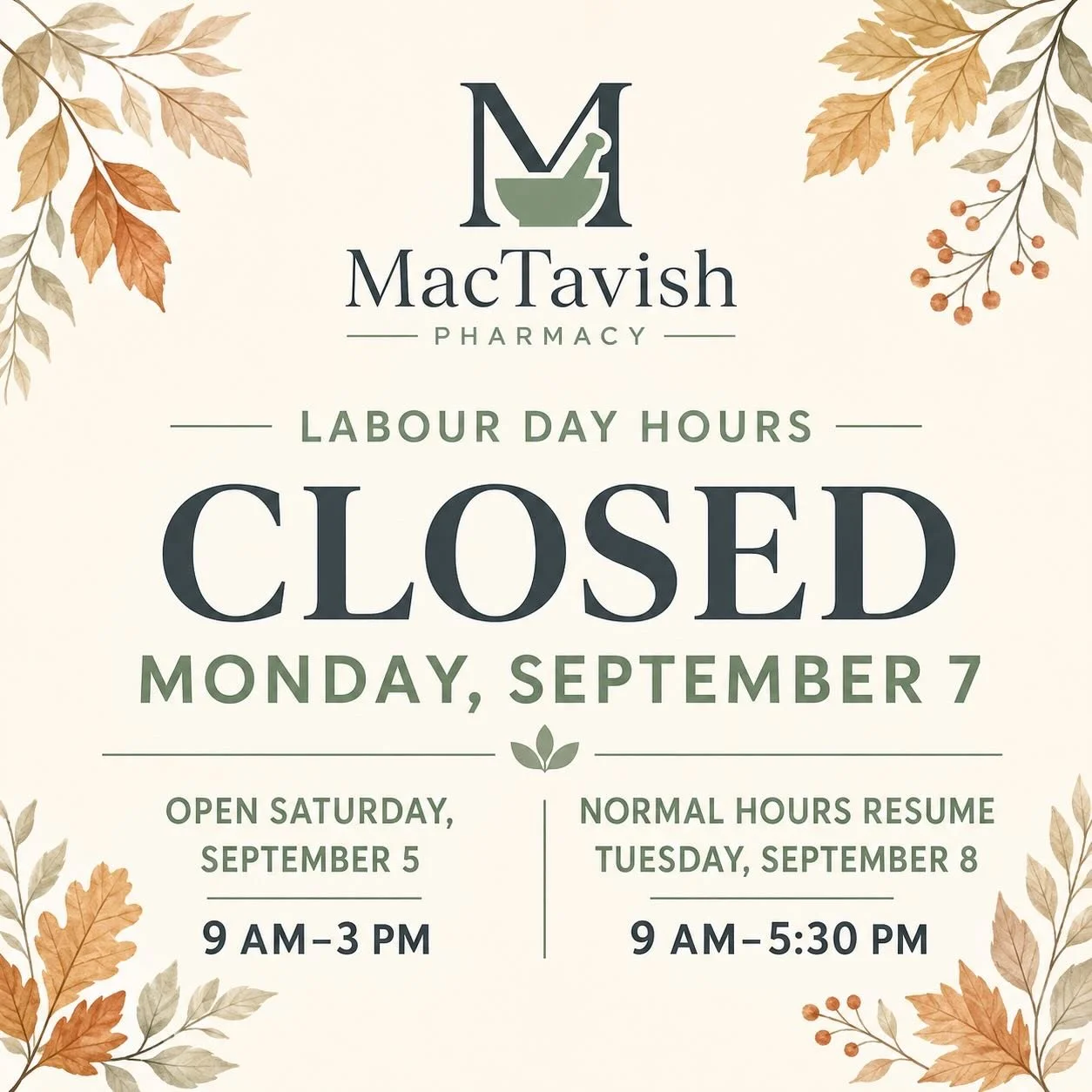 Reminder that we will be CLOSED on Monday, Sept. 7th for Labour Day. Have a great long weekend and safe return to school on Tuesday! ✏️