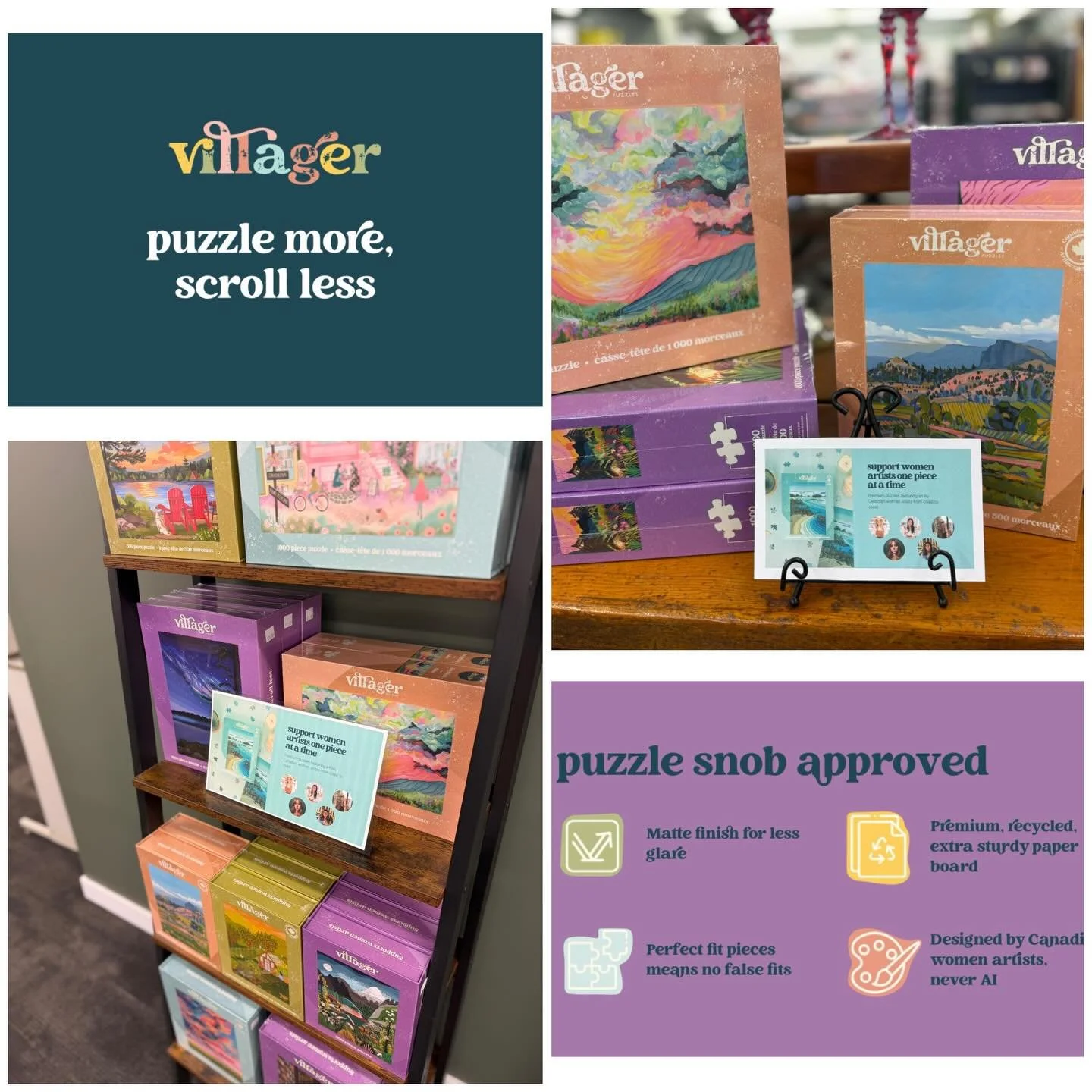 🧩 New product in store: Villager Puzzles!

We&rsquo;re so excited to carry this Canadian, women-owned puzzle brand featuring beautiful, original artwork by Canadian women artists&mdash;never AI-generated.

Even better, the featured artist receives a