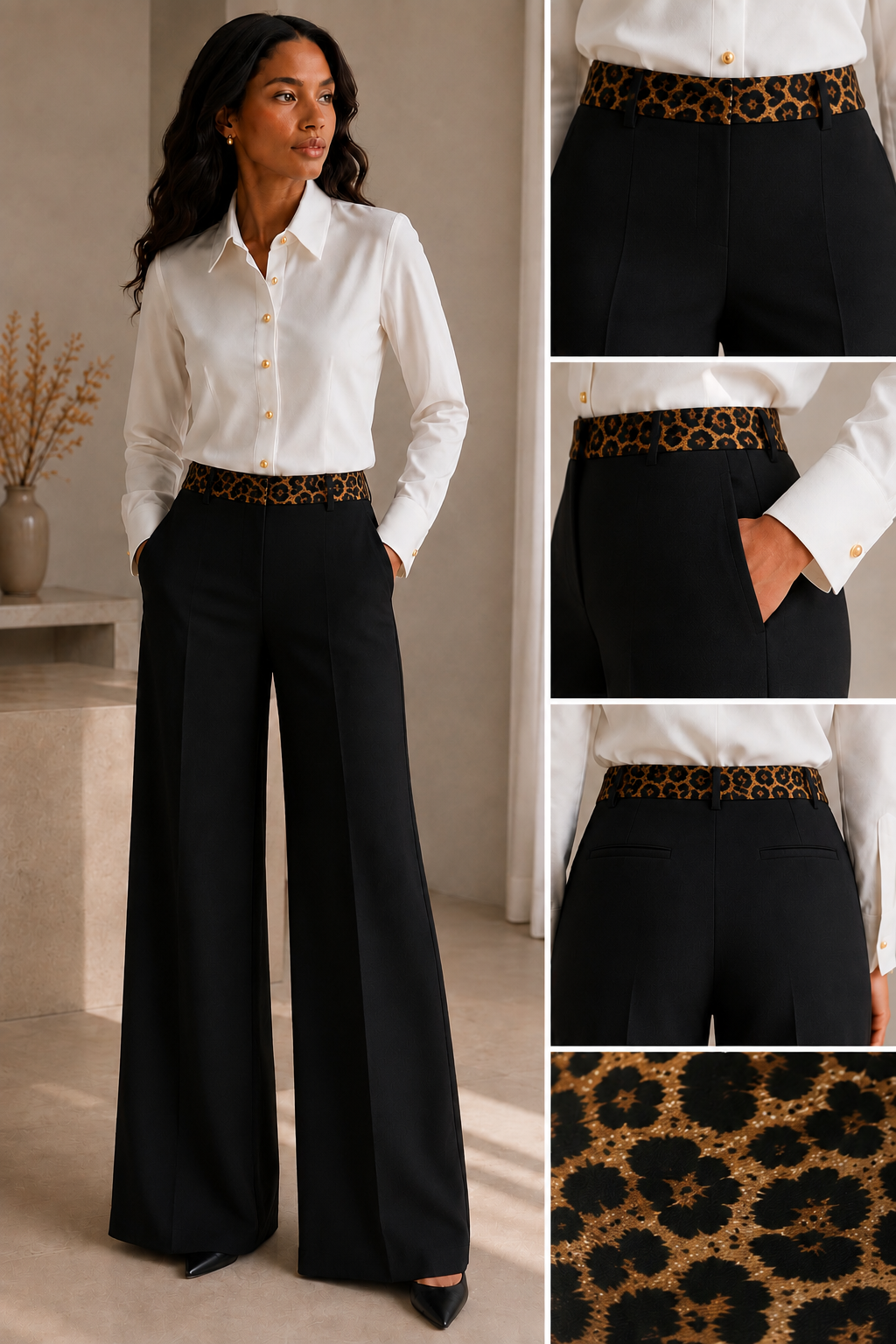 Tailored Wide-Leg Crepe Trouser- Signature Leopard-Print Waistband